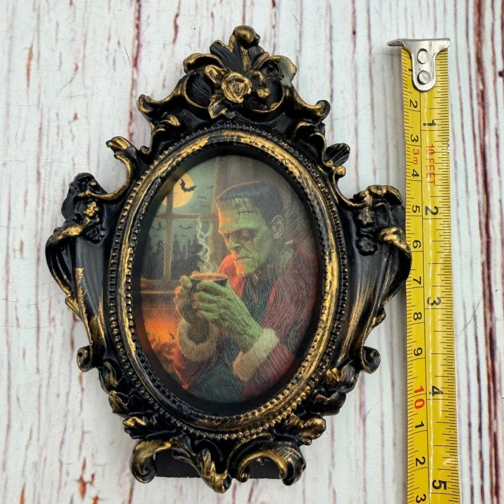 Frankenstein Coffee Ornate Resin Frame Gothic Horror Decoupage Art Print 5in